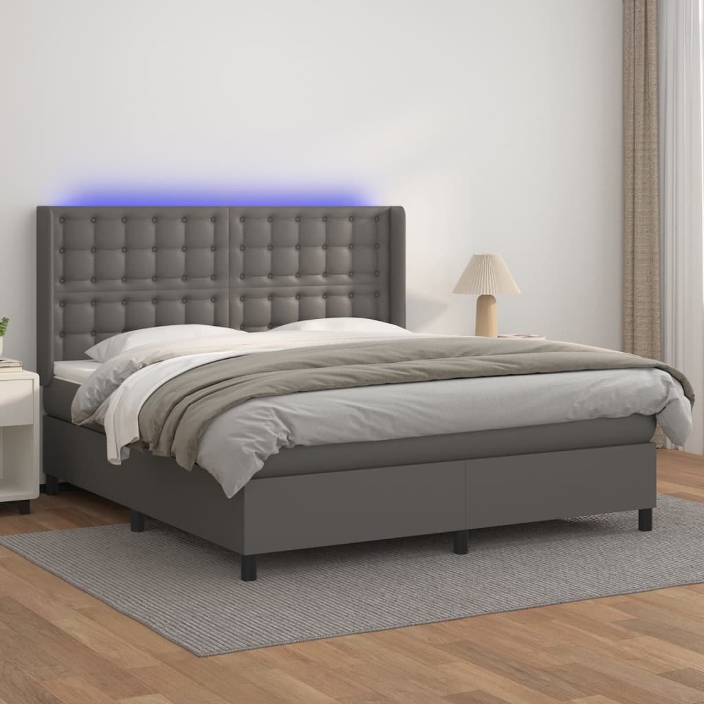 Κρεβάτι Boxspring με Στρώμα & LED Γκρι 160x200 εκ. Συνθ. Δέρμα