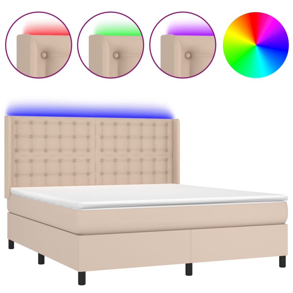 Κρεβάτι Boxspring Στρώμα&LED Καπουτσίνο 160x200 εκ. Συνθ. Δέρμα - Pakobazaar
