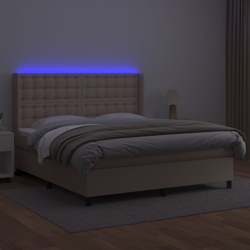 Κρεβάτι Boxspring Στρώμα&LED Καπουτσίνο 160x200 εκ. Συνθ. Δέρμα - Pakobazaar
