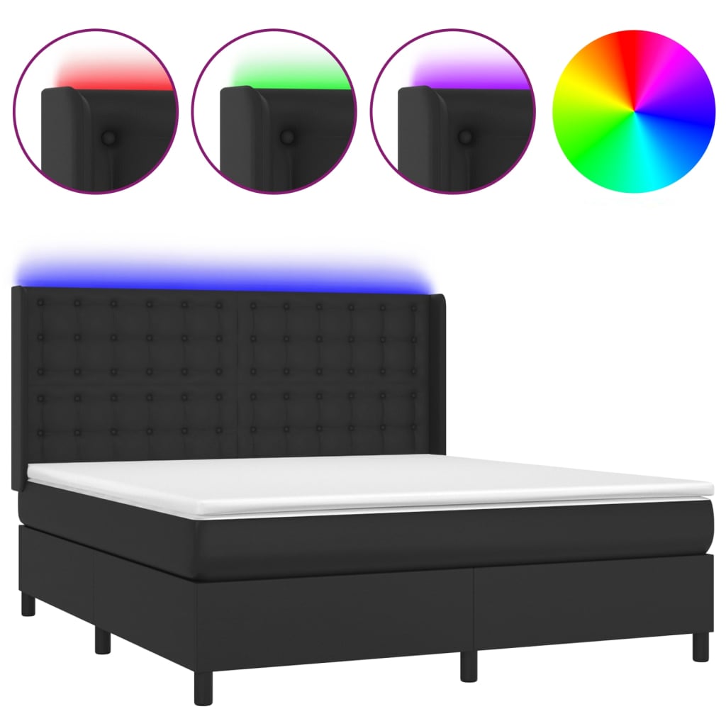 Κρεβάτι Boxspring με Στρώμα & LED Μαύρο 180x200 εκ. Συνθ. Δέρμα