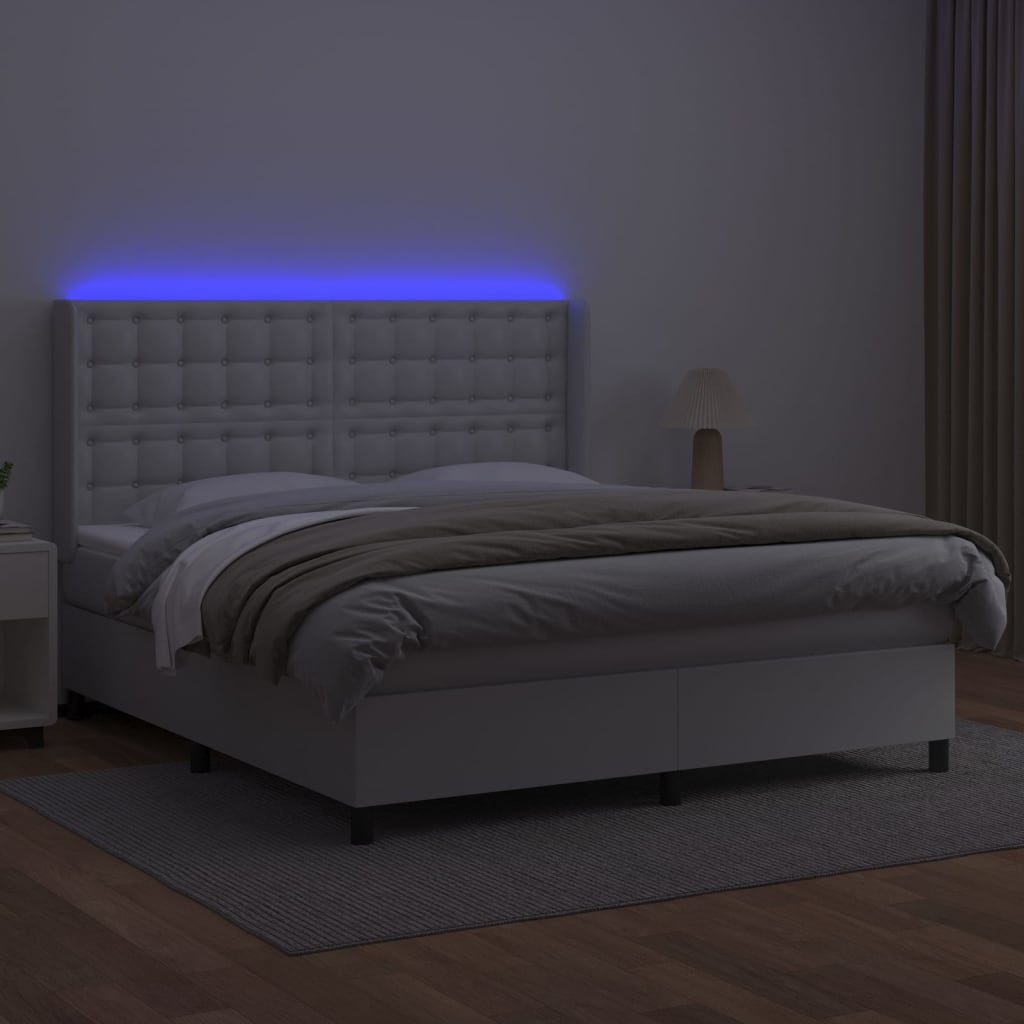 Κρεβάτι Boxspring με Στρώμα & LED Λευκό 180x200 εκ. Συνθ. Δέρμα