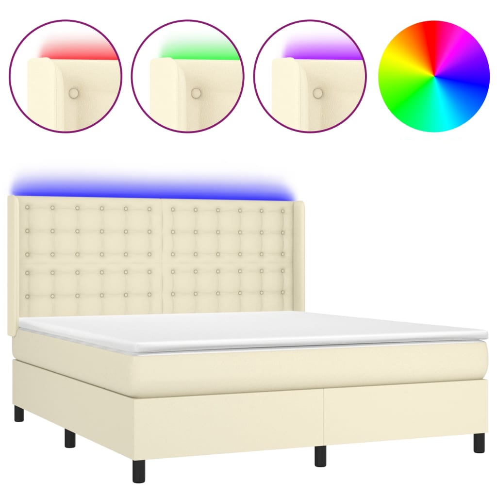 Κρεβάτι Boxspring με Στρώμα & LED Κρεμ 180x200 εκ. Συνθ. Δέρμα - Pakobazaar