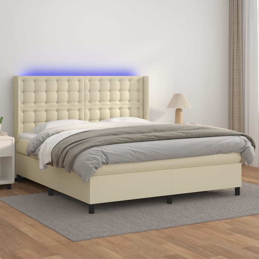 Κρεβάτι Boxspring με Στρώμα & LED Κρεμ 180x200 εκ. Συνθ. Δέρμα - Pakobazaar