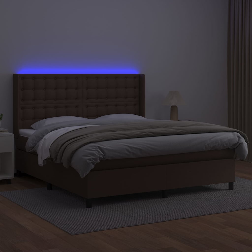 Κρεβάτι Boxspring με Στρώμα & LED Καφέ 180x200 εκ. Συνθ. Δέρμα