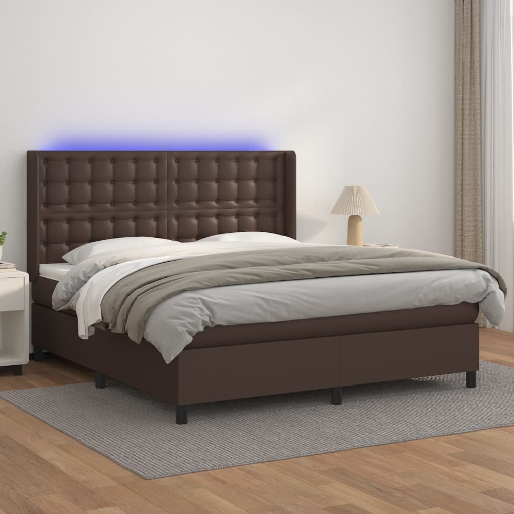 Κρεβάτι Boxspring με Στρώμα & LED Καφέ 180x200 εκ. Συνθ. Δέρμα