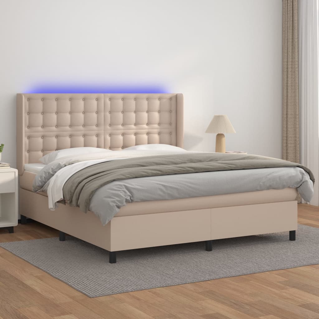 Κρεβάτι Boxspring Στρώμα&LED Καπουτσίνο 180x200 εκ. Συνθ. Δέρμα