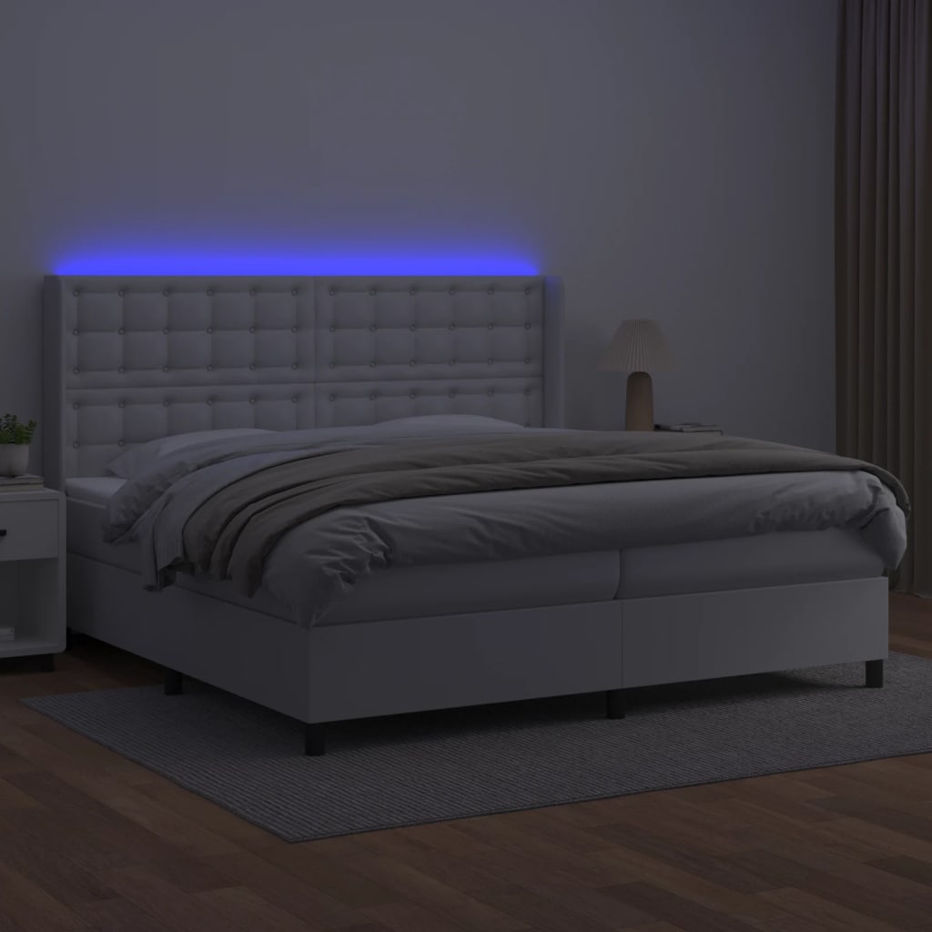 Κρεβάτι Boxspring με Στρώμα & LED Λευκό 200x200 εκ. Συνθ. Δέρμα