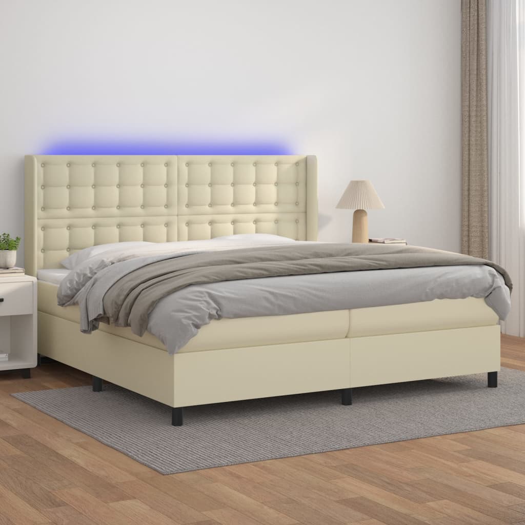 Κρεβάτι Boxspring με Στρώμα & LED Κρεμ 200x200 εκ. Συνθ. Δέρμα - Pakobazaar