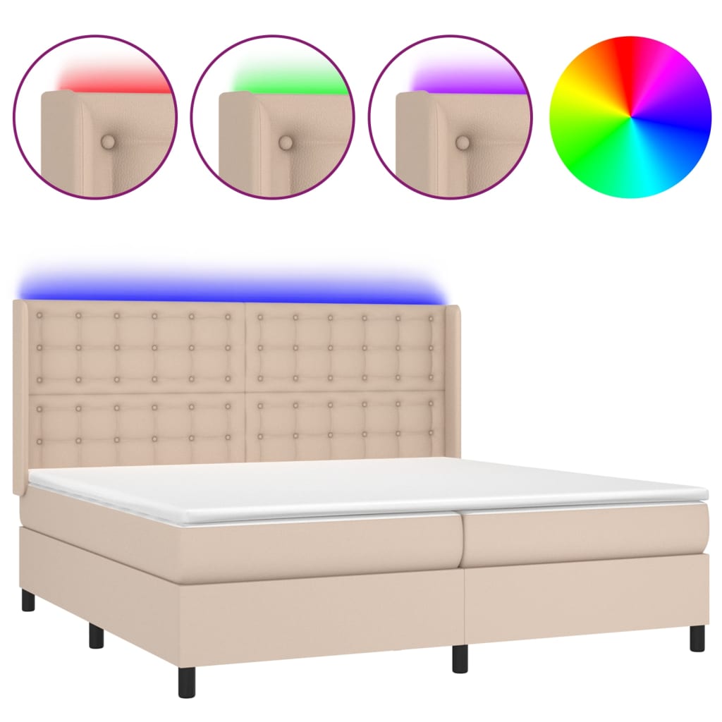 Κρεβάτι Boxspring Στρώμα&LED Καπουτσίνο 200x200 εκ. Συνθ. Δέρμα - Pakobazaar