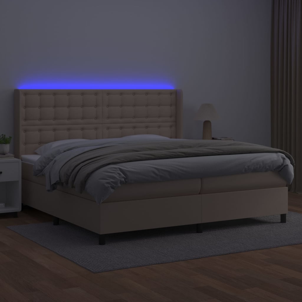 Κρεβάτι Boxspring Στρώμα&LED Καπουτσίνο 200x200 εκ. Συνθ. Δέρμα - Pakobazaar