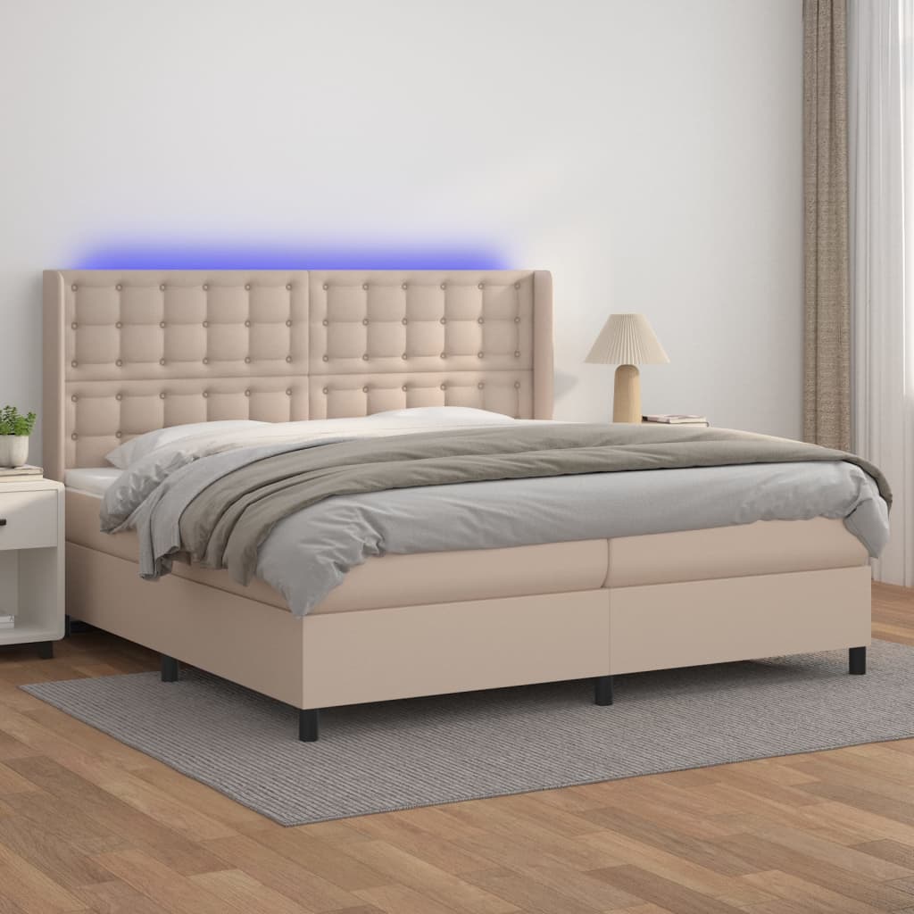 Κρεβάτι Boxspring Στρώμα&LED Καπουτσίνο 200x200 εκ. Συνθ. Δέρμα - Pakobazaar