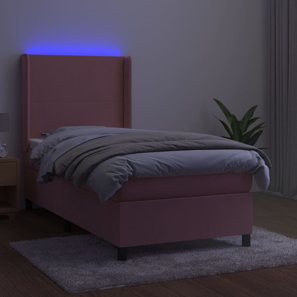 Κρεβάτι Boxspring με Στρώμα & LED Ροζ 90x190 εκ. Βελούδινο