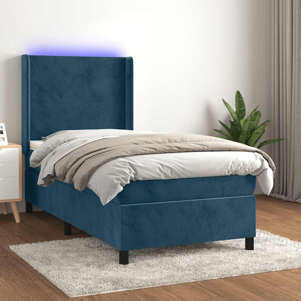 Κρεβάτι Boxspring με Στρώμα & LED Σκ. Μπλε 90x200 εκ. Βελούδινο - Pakobazaar