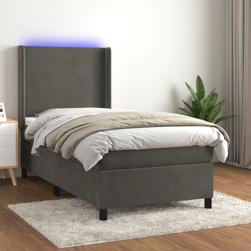 Κρεβάτι Boxspring με Στρώμα & LED Σκ. Γκρι 100x200εκ. Βελούδινο