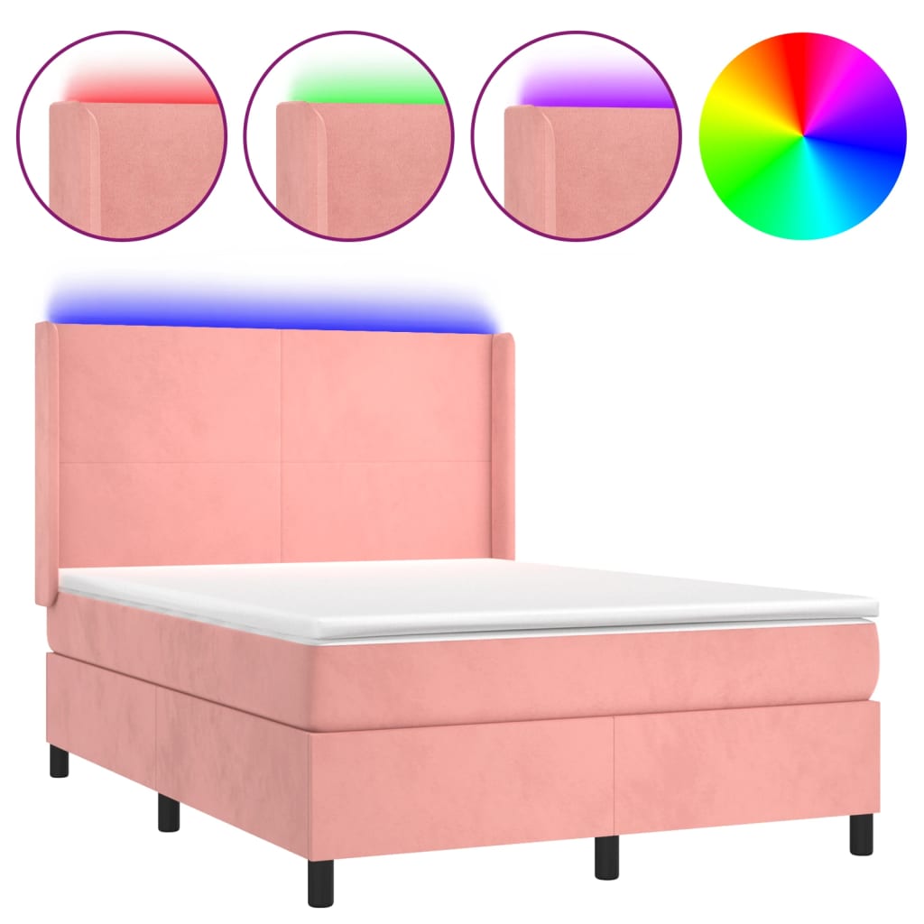Κρεβάτι Boxspring με Στρώμα & LED Ροζ 140x200 εκ. Βελούδινο