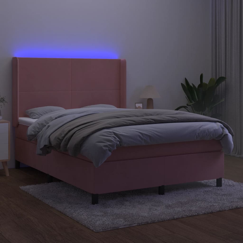 Κρεβάτι Boxspring με Στρώμα & LED Ροζ 140x200 εκ. Βελούδινο