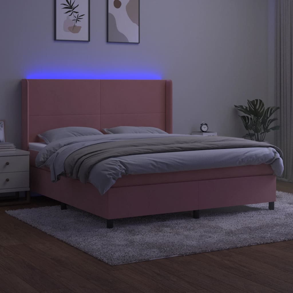 Κρεβάτι Boxspring με Στρώμα & LED Ροζ 160x200 εκ. Βελούδινο