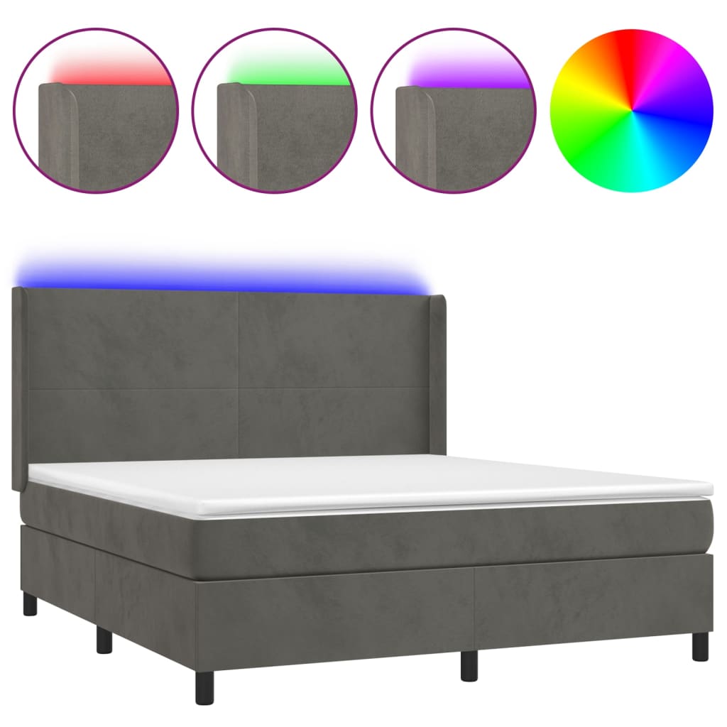 Κρεβάτι Boxspring με Στρώμα & LED Σκ. Γκρι 180x200εκ. Βελούδινο