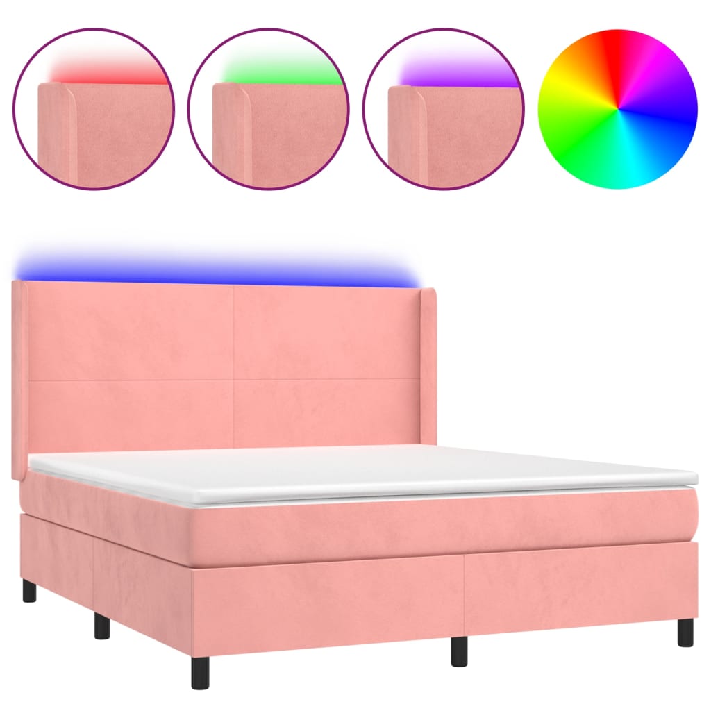 Κρεβάτι Boxspring με Στρώμα & LED Ροζ 180x200 εκ. Βελούδινο