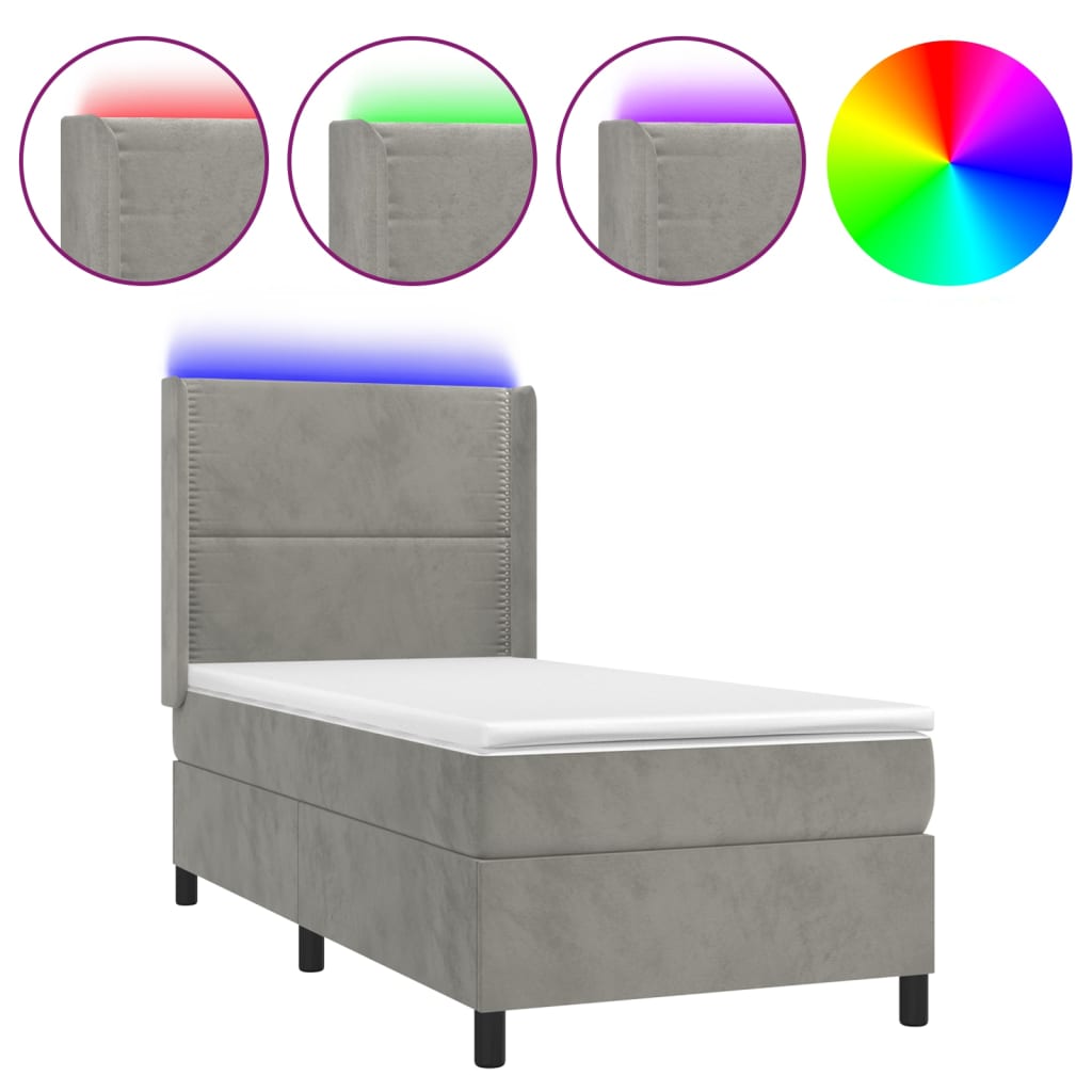 Κρεβάτι Boxspring με Στρώμα & LED Αν.Γκρι 90x190 εκ. Βελούδινο
