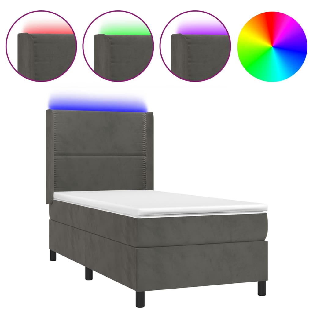 Κρεβάτι Boxspring με Στρώμα & LED Σκ. Γκρι 100x200εκ. Βελούδινο