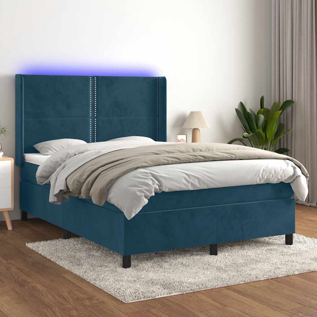 Κρεβάτι Boxspring με Στρώμα & LED Σκ. Μπλε 140x190εκ. Βελούδινο