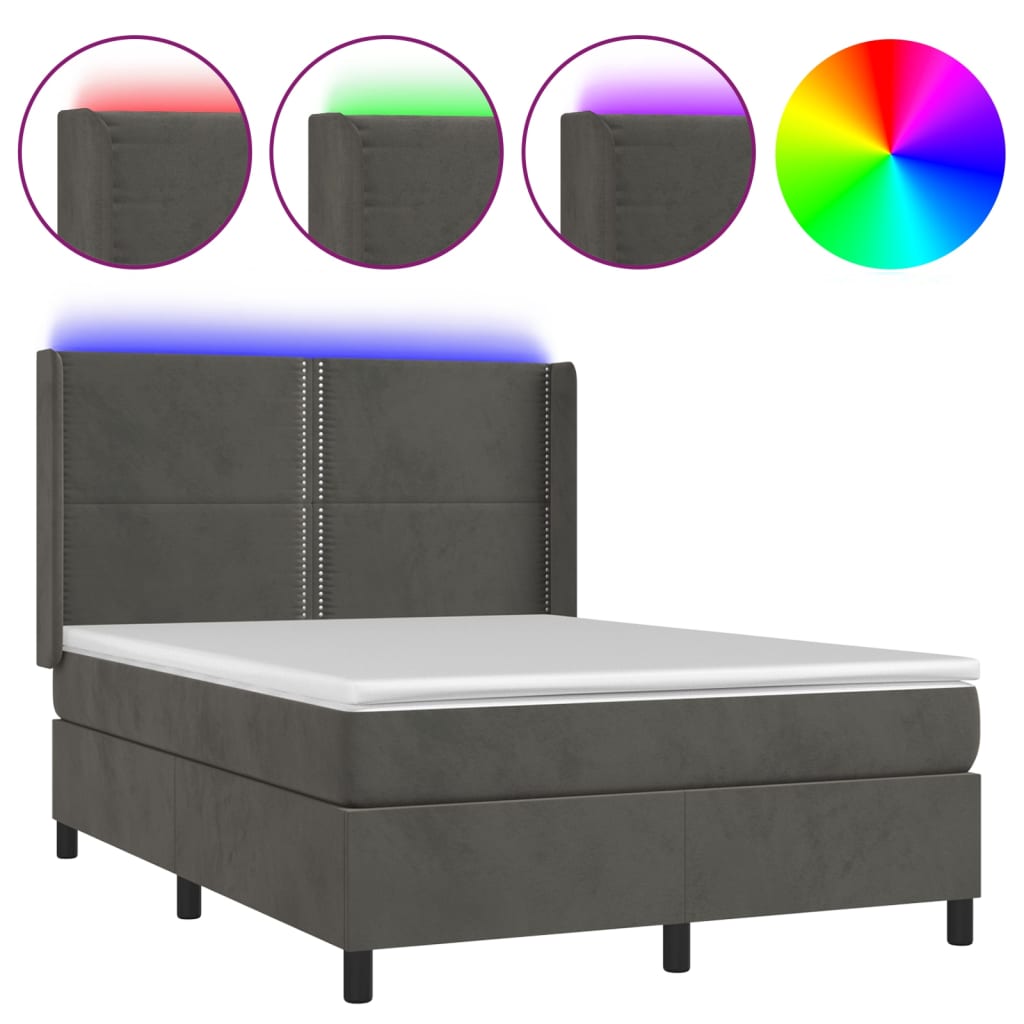 Κρεβάτι Boxspring με Στρώμα & LED Σκ. Γκρι 140x200εκ. Βελούδινο