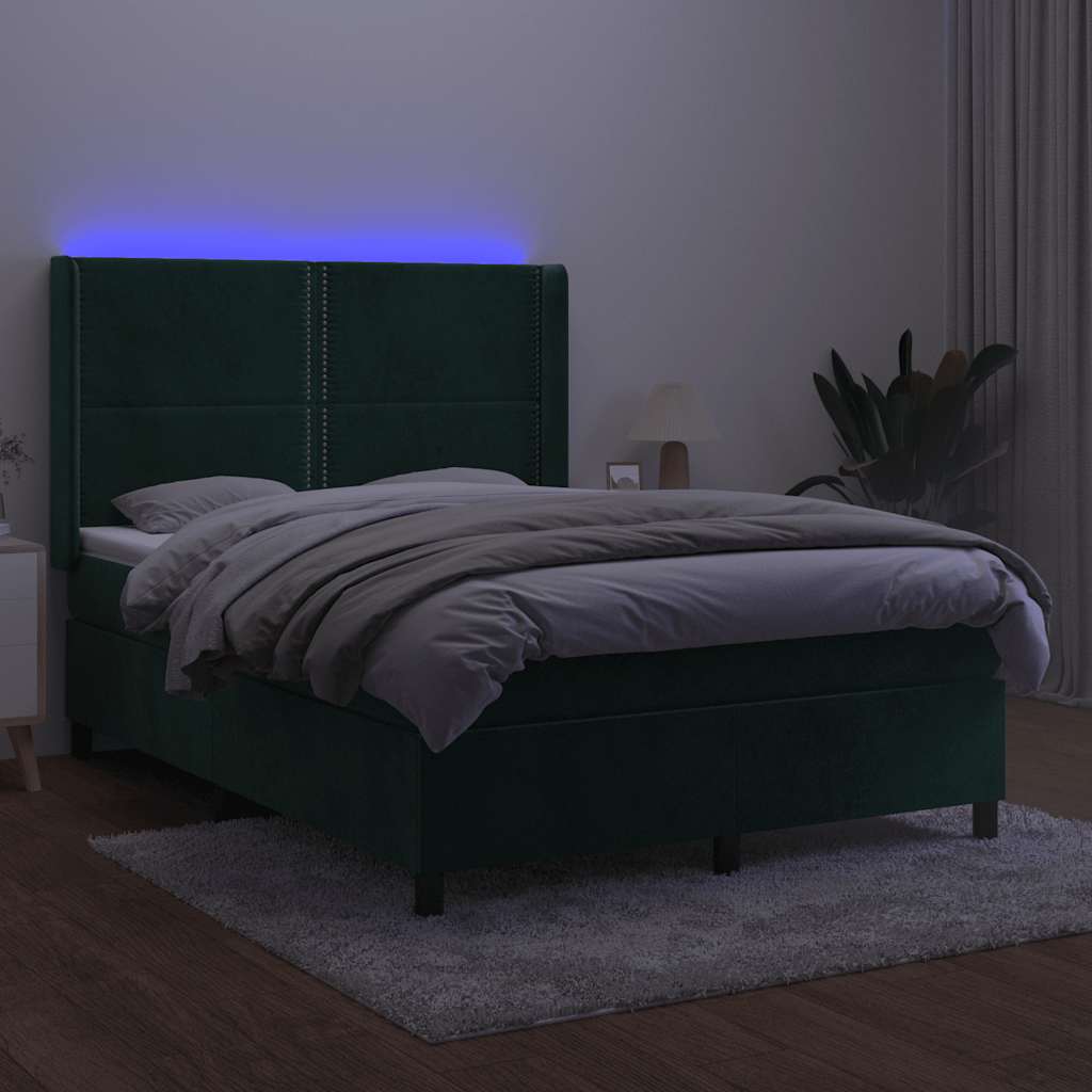 Κρεβάτι Boxspring με Στρώμα & LED Σκ. Πράσινο 140x200εκ Βελούδο