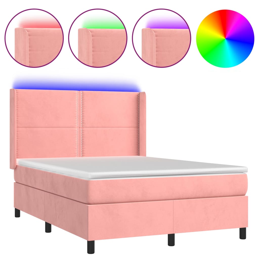 Κρεβάτι Boxspring με Στρώμα & LED Ροζ 140x200 εκ. Βελούδινο