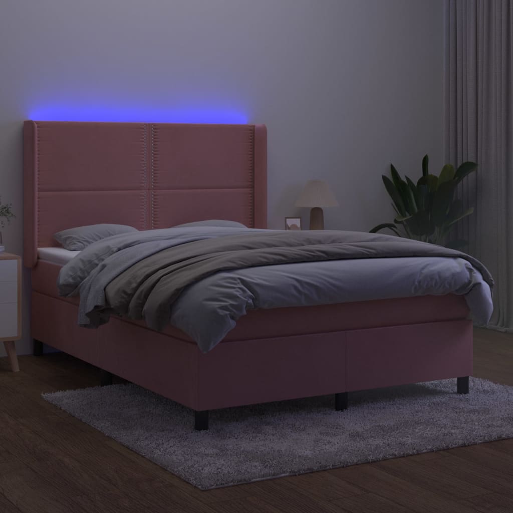 Κρεβάτι Boxspring με Στρώμα & LED Ροζ 140x200 εκ. Βελούδινο