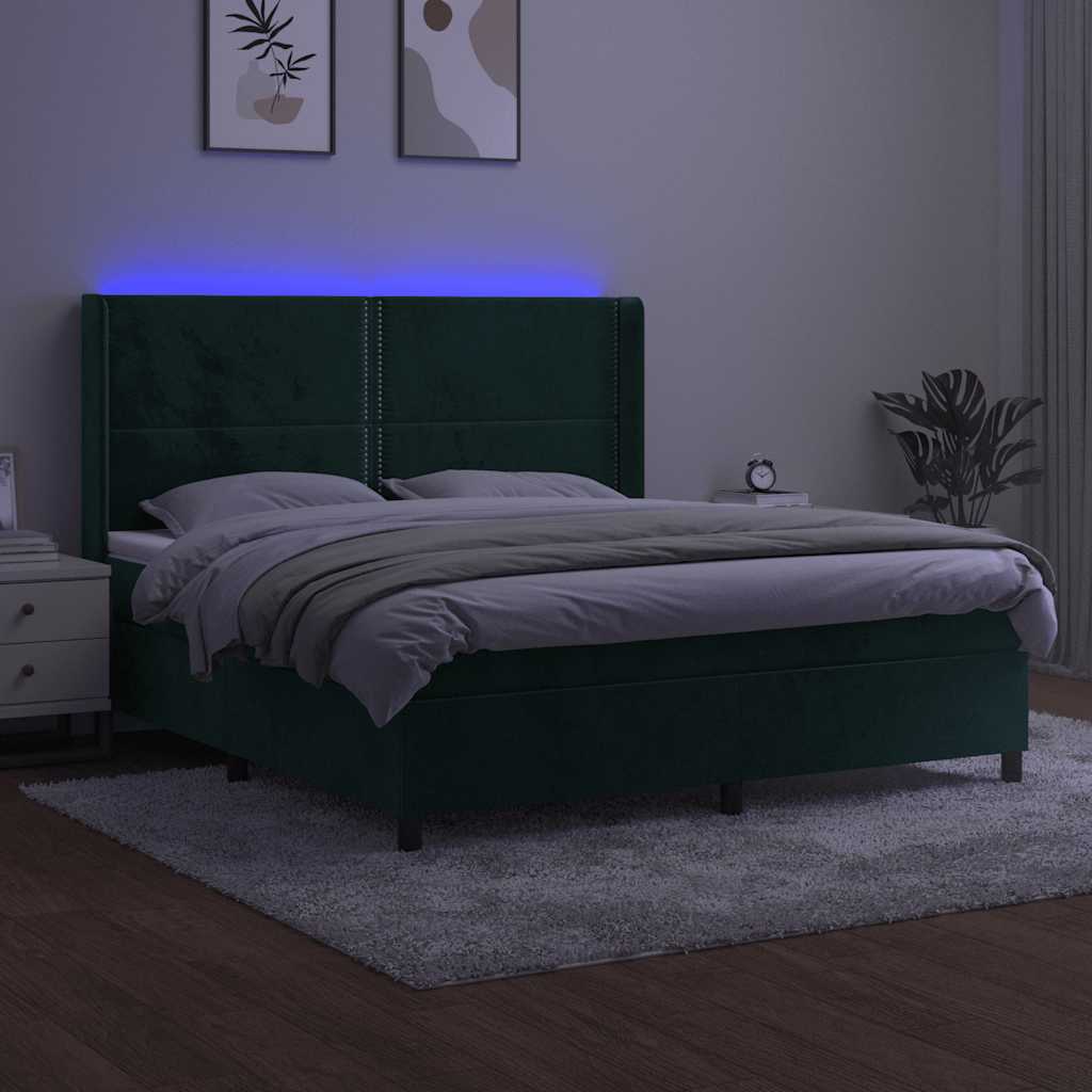 Κρεβάτι Boxspring με Στρώμα & LED Σκ. Πράσινο 160x200εκ Βελούδο