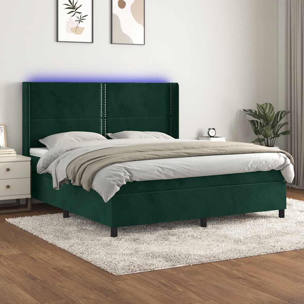 Κρεβάτι Boxspring με Στρώμα & LED Σκ. Πράσινο 160x200εκ Βελούδο