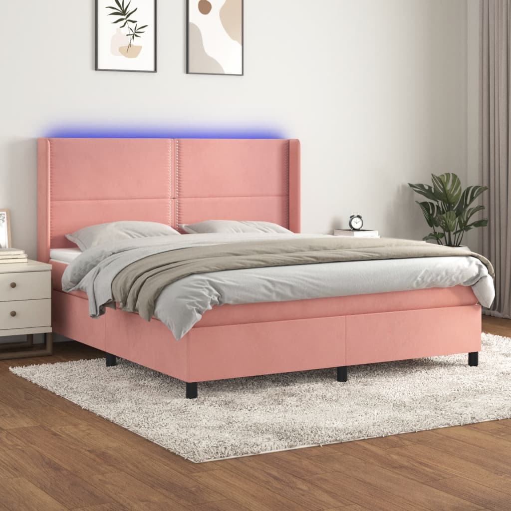 Κρεβάτι Boxspring με Στρώμα & LED Ροζ 160x200 εκ. Βελούδινο