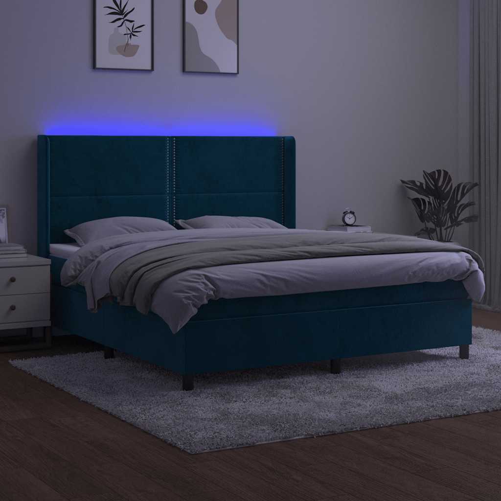 Κρεβάτι Boxspring με Στρώμα & LED Σκ. Μπλε 180x200εκ. Βελούδινο