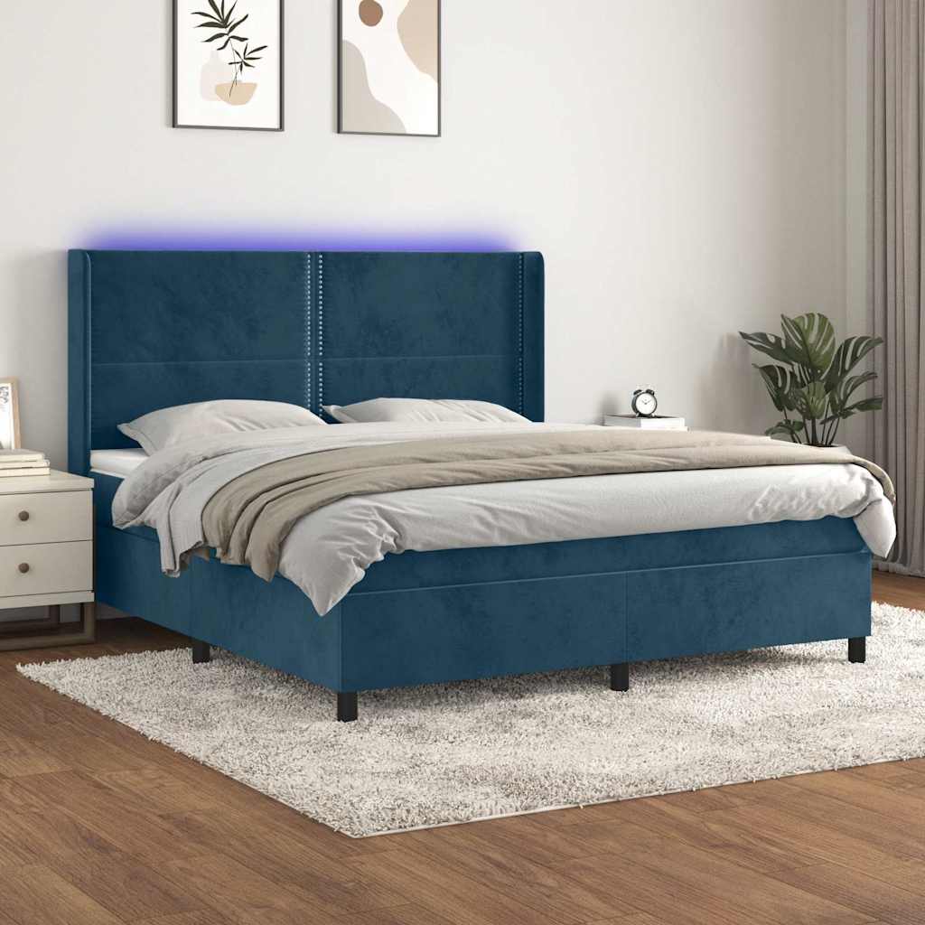 Κρεβάτι Boxspring με Στρώμα & LED Σκ. Μπλε 180x200εκ. Βελούδινο