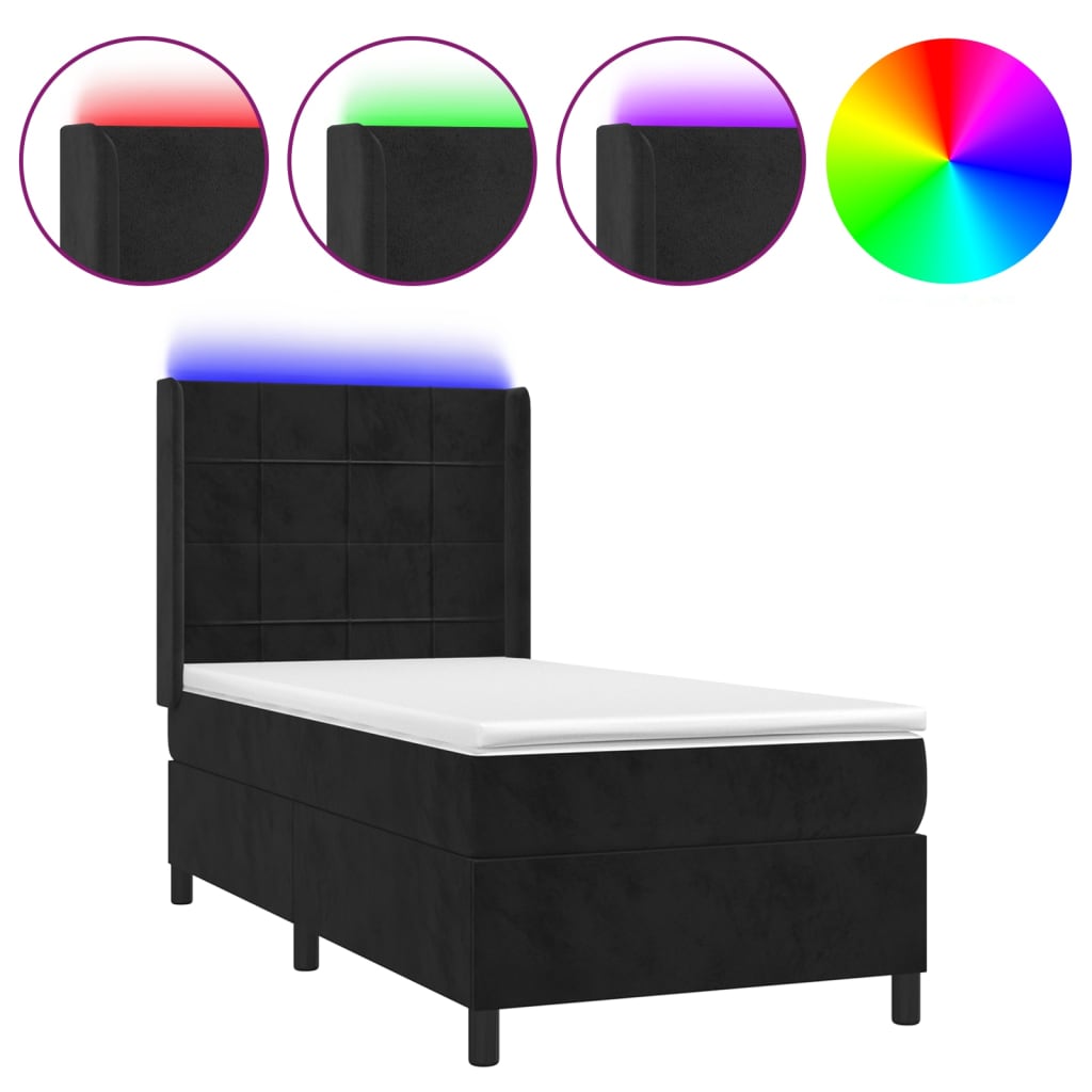 Κρεβάτι Boxspring με Στρώμα & LED Μαύρο 100x200 εκ. Βελούδινο - Pakobazaar
