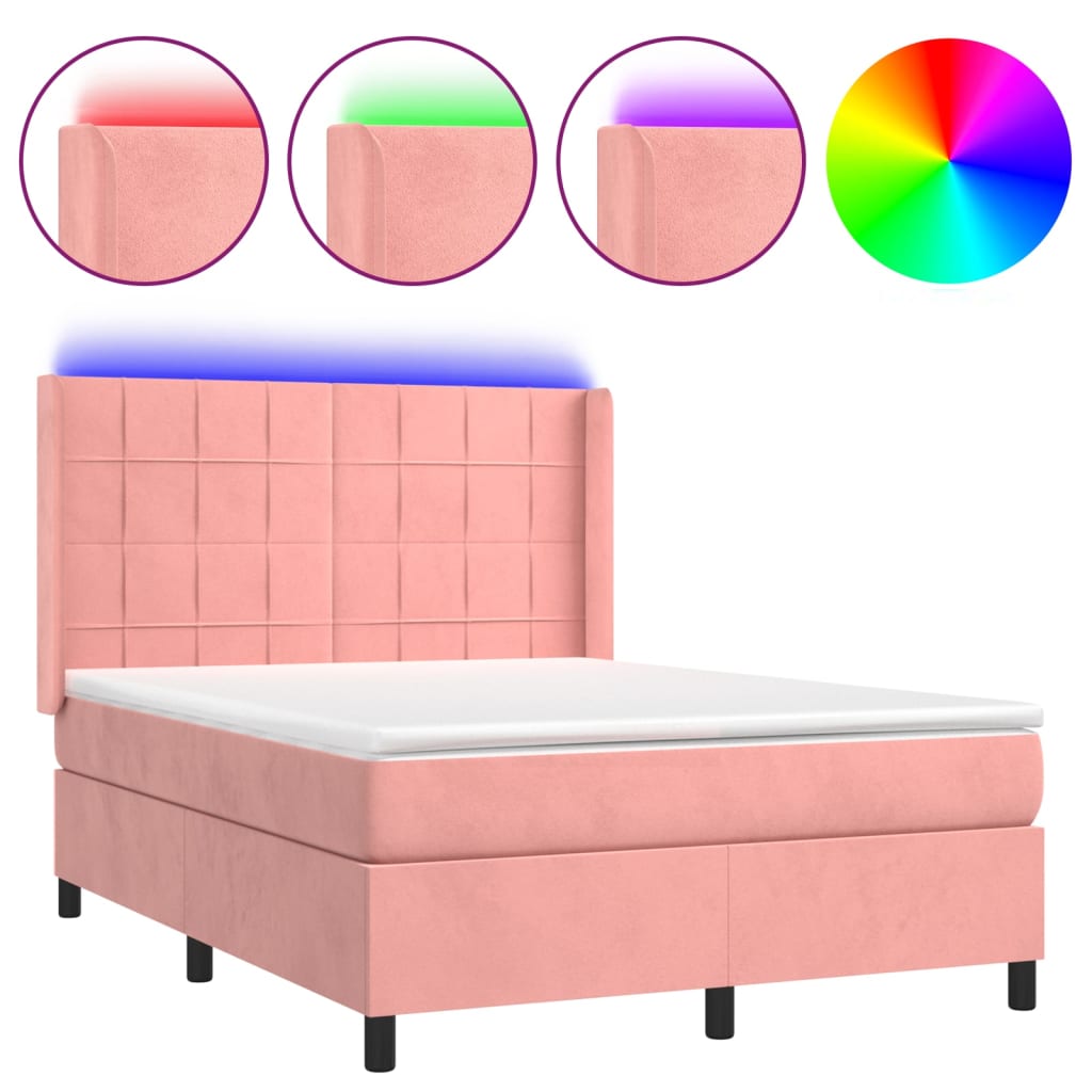 Κρεβάτι Boxspring με Στρώμα & LED Ροζ 140x190 εκ. Βελούδινο