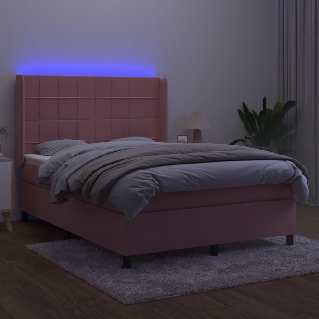 Κρεβάτι Boxspring με Στρώμα & LED Ροζ 140x190 εκ. Βελούδινο