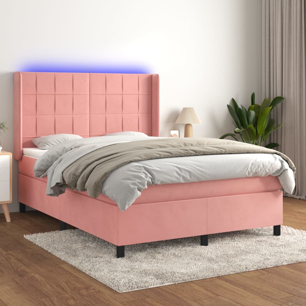 Κρεβάτι Boxspring με Στρώμα & LED Ροζ 140x190 εκ. Βελούδινο