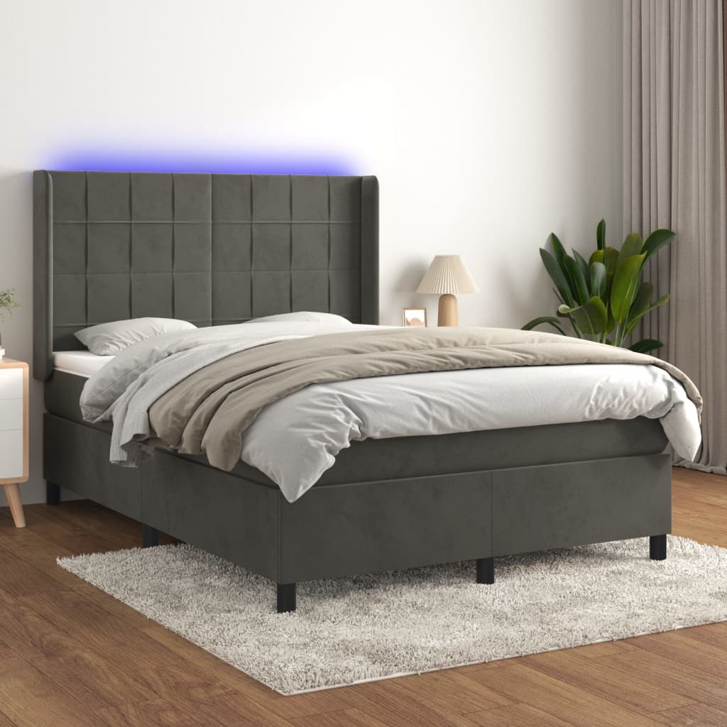 Κρεβάτι Boxspring με Στρώμα & LED Σκ. Γκρι 140x200εκ. Βελούδινο