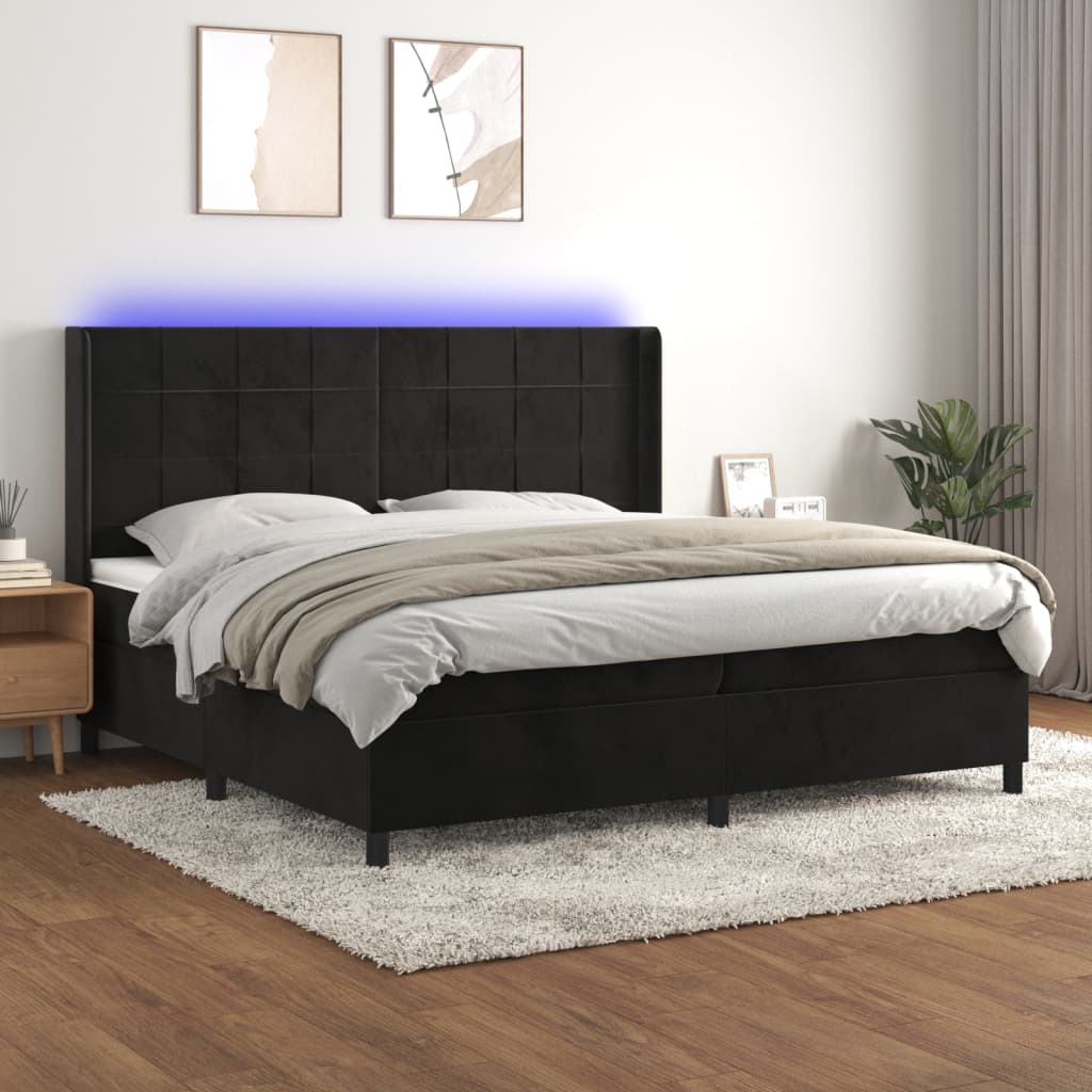 Κρεβάτι Boxspring με Στρώμα & LED Μαύρο 200x200 εκ. Βελούδινο - Pakobazaar