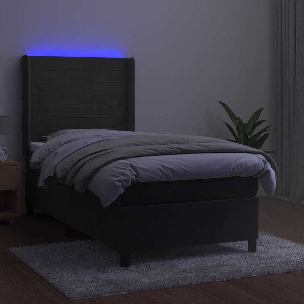 Κρεβάτι Boxspring με Στρώμα & LED Σκ. Γκρι 90x190 εκ. Βελούδινο