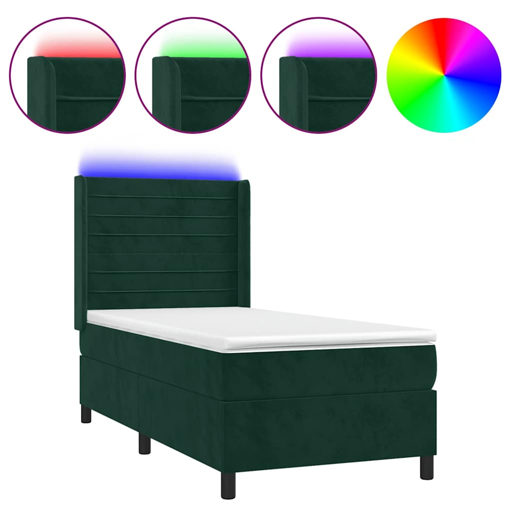 Κρεβάτι Boxspring με Στρώμα & LED Σκ. Πράσινο 90x200 εκ Βελούδο - Pakobazaar
