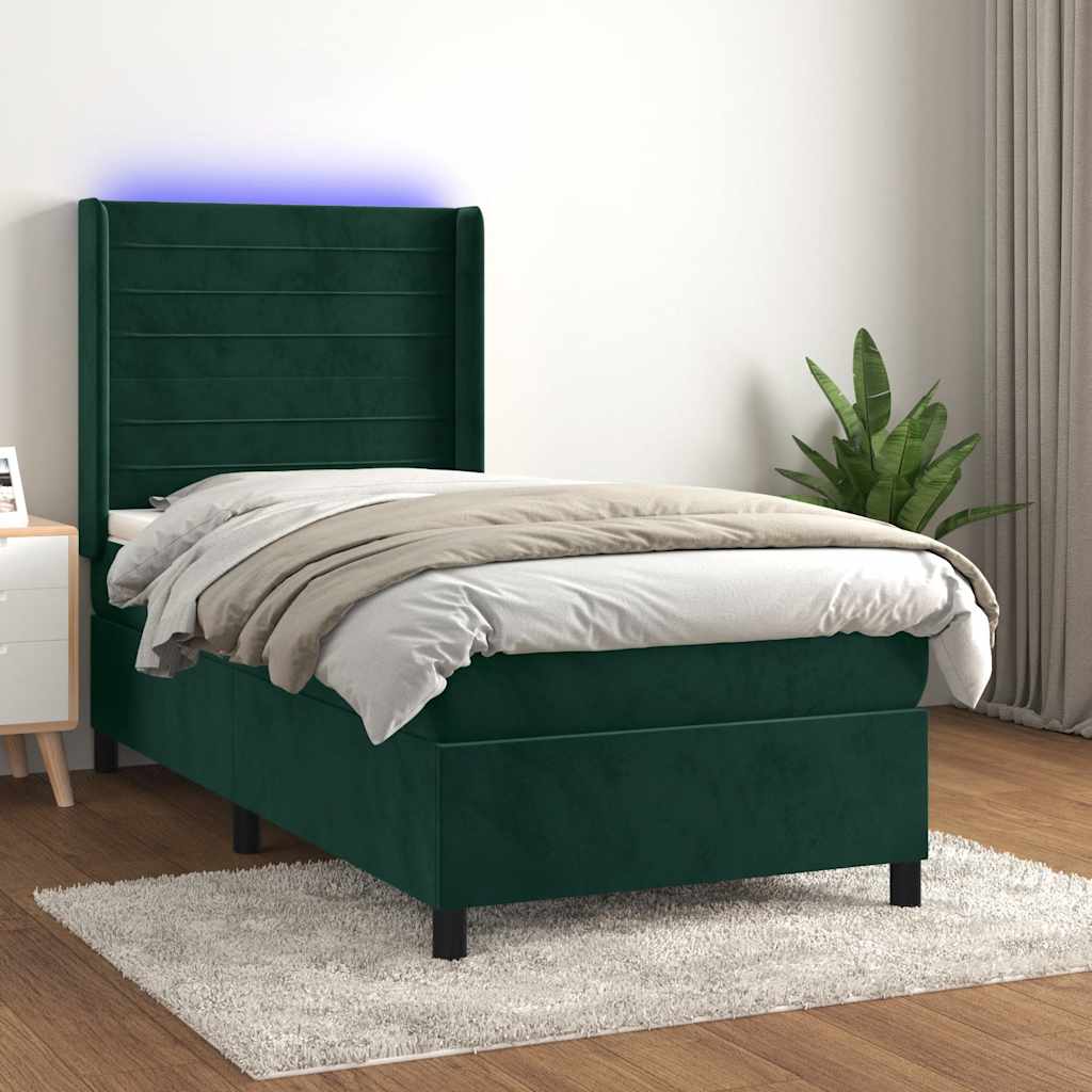 Κρεβάτι Boxspring με Στρώμα & LED Σκ. Πράσινο 90x200 εκ Βελούδο - Pakobazaar