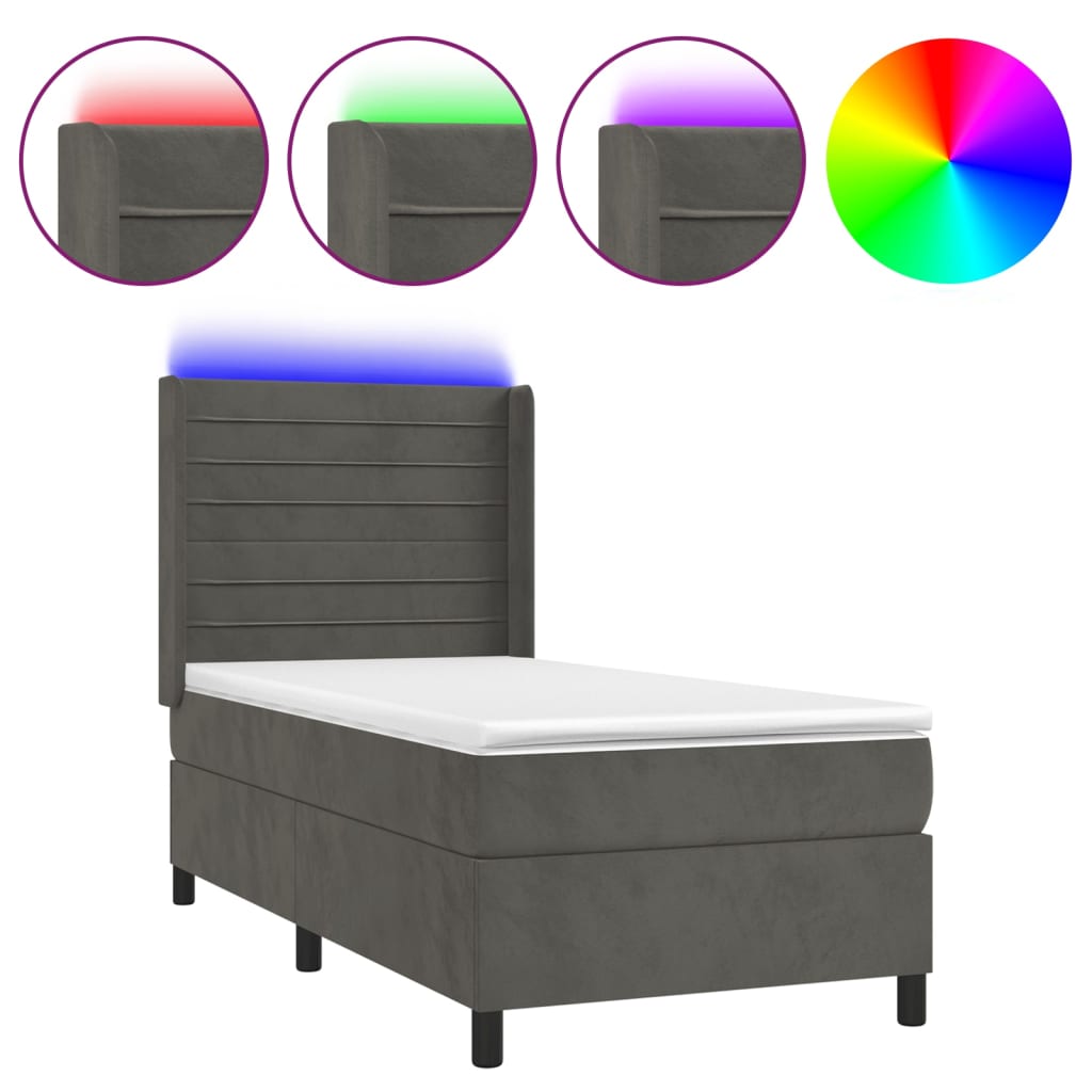 Κρεβάτι Boxspring με Στρώμα & LED Σκ. Γκρι 100x200εκ. Βελούδινο