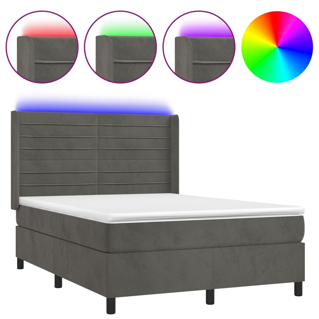 Κρεβάτι Boxspring με Στρώμα & LED Σκ. Γκρι 140x190εκ. Βελούδινο