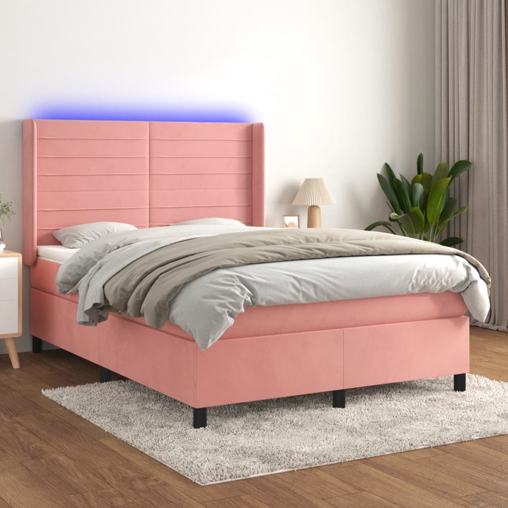 Κρεβάτι Boxspring με Στρώμα & LED Ροζ 140x190 εκ. Βελούδινο