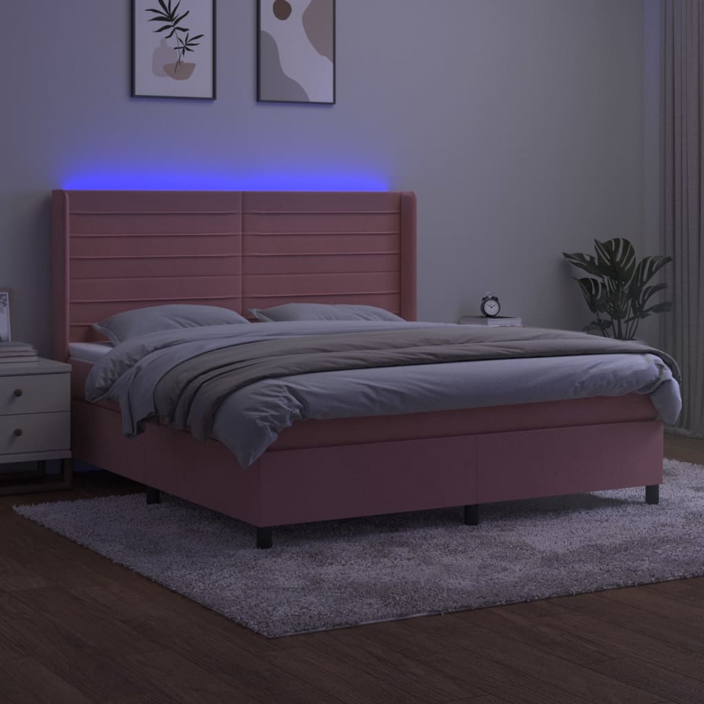 Κρεβάτι Boxspring με Στρώμα & LED Ροζ 180x200 εκ. Βελούδινο