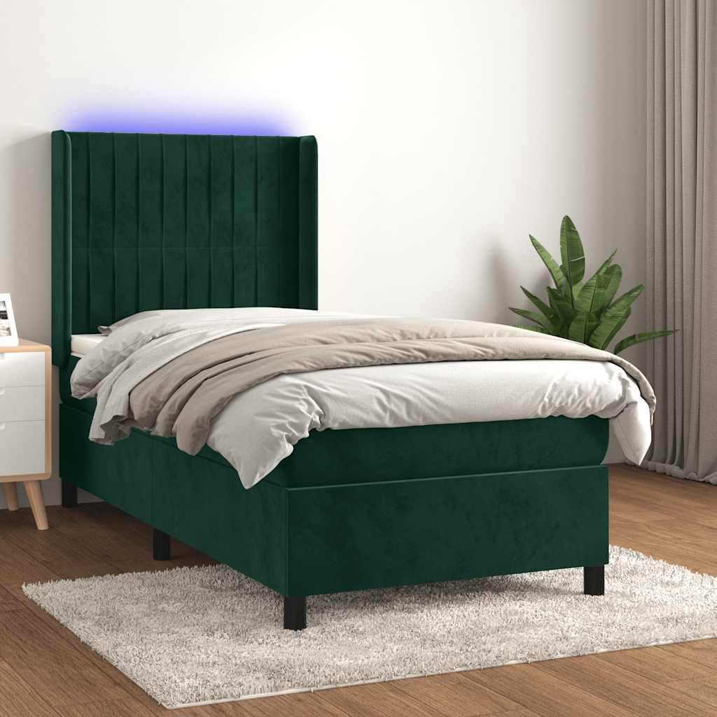 Κρεβάτι Boxspring με Στρώμα & LED Σκ. Πράσινο 90x190 εκ Βελούδο - Pakobazaar