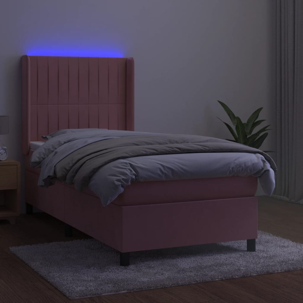 Κρεβάτι Boxspring με Στρώμα & LED Ροζ 90x190 εκ. Βελούδινο